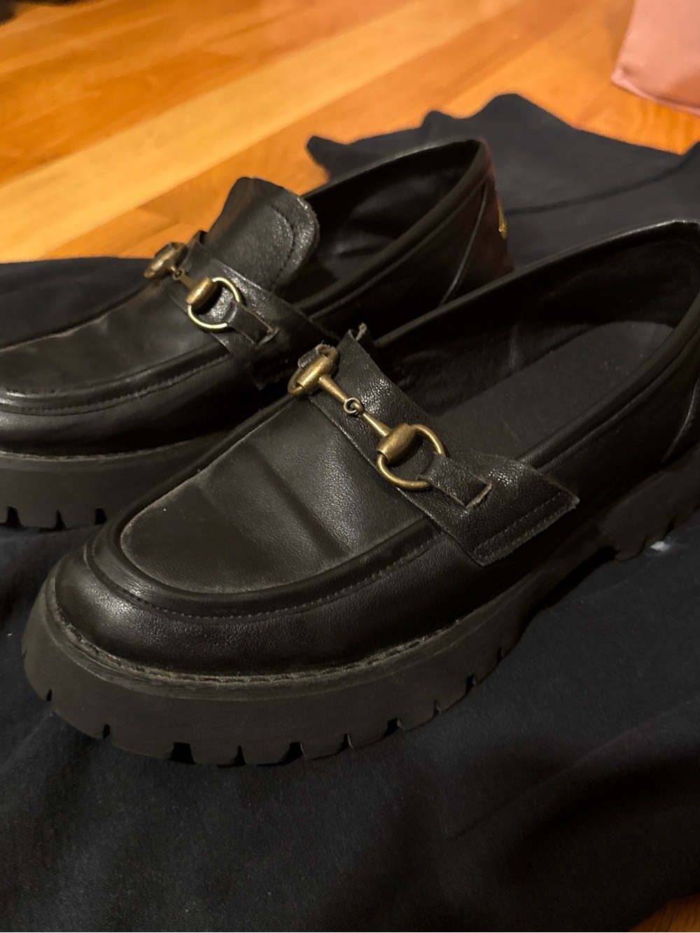 Chunky Black Leather Horsebit Loafers